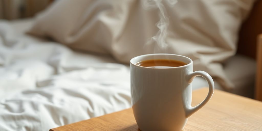 Steaming cup of chamomile tea next to a cozy bed.
