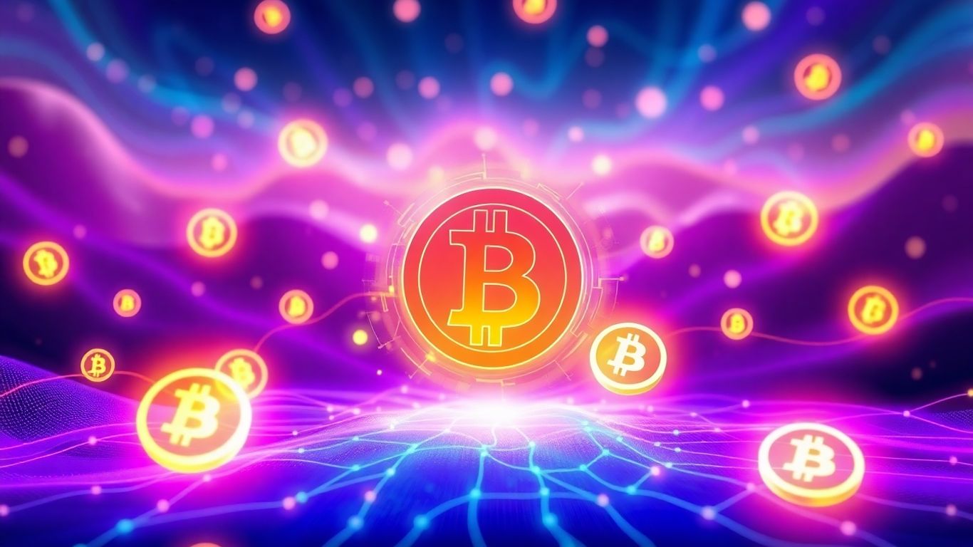 Glowing cryptocurrency icons in a digital landscape.