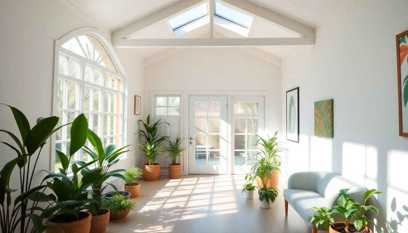 Bright bungalow interior with large windows and plants.