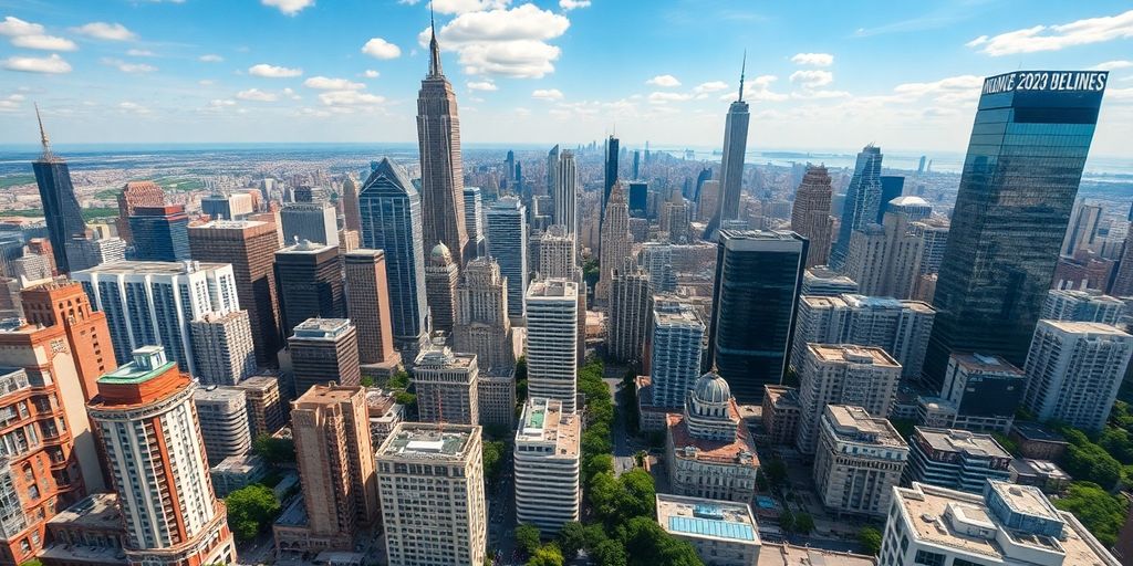 Aerial view of diverse global cityscapes in 2025.