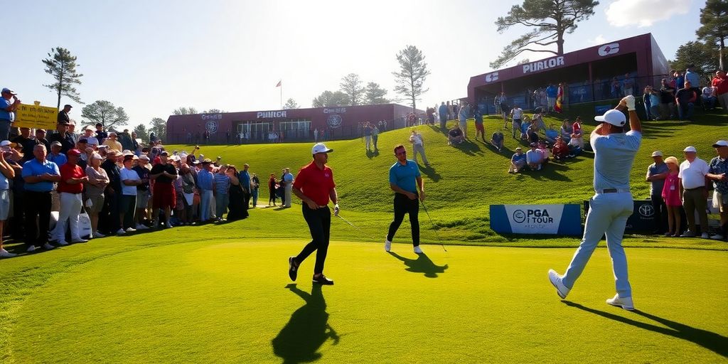 Professional golfers competing on a sunny golf course.
