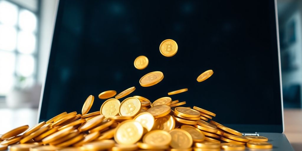 Golden coins spilling from a laptop.