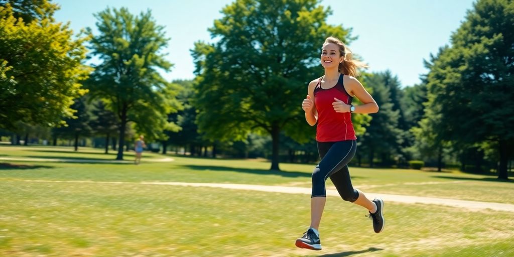 Person joyfully exercising outdoors, sunlit scene.