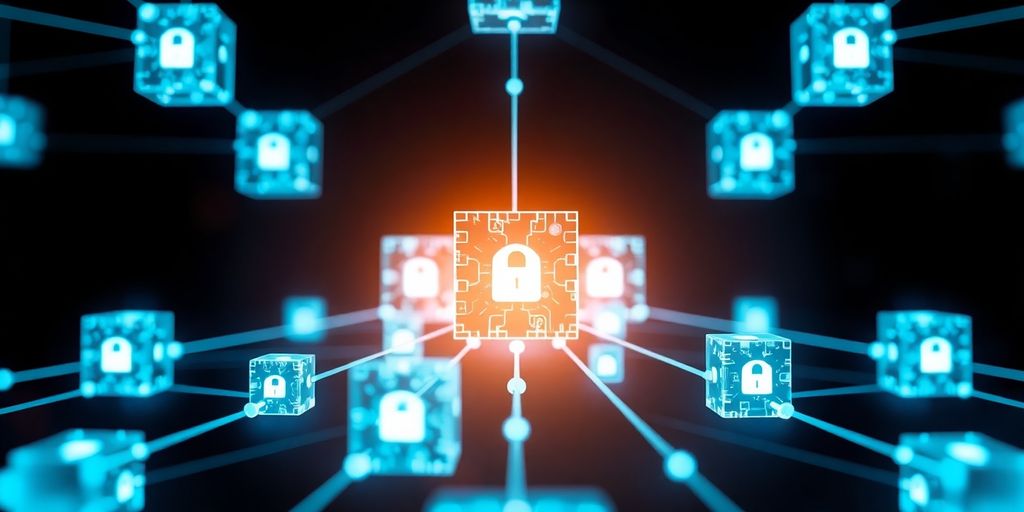 Interconnected digital blocks, secure insurance concept.