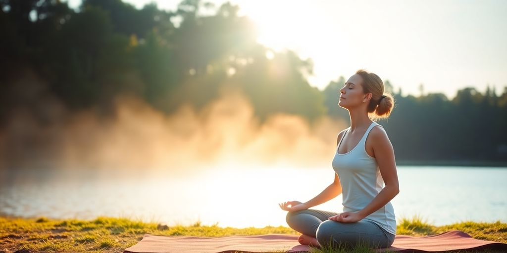 Person meditating peacefully outdoors at sunrise.