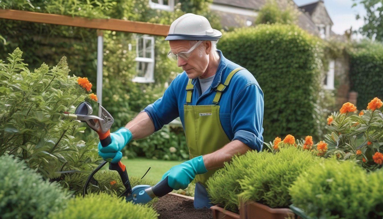 gardener pruning plants with safety gear in a British garden