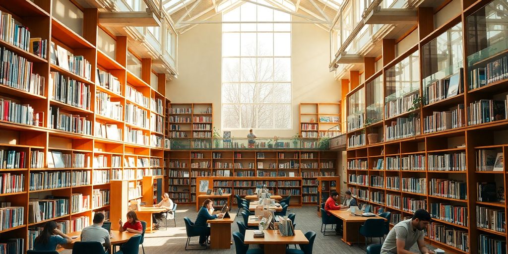 Cozy library interior with patrons reading and studying.