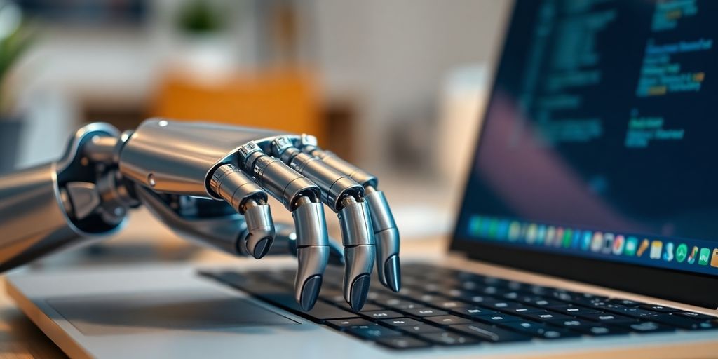 Robot hand typing on a laptop keyboard.