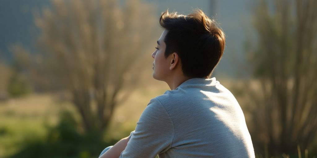 Person looking thoughtful under a clear blue sky.