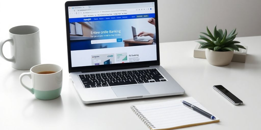 Workspace with laptop and notepad for online banking.