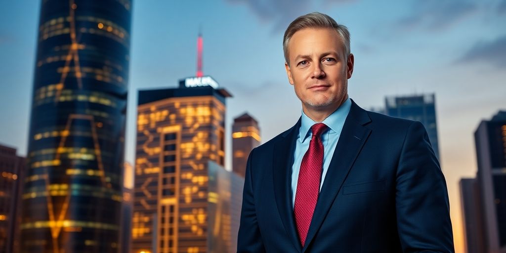 Man in suit, skyscrapers, glowing city.