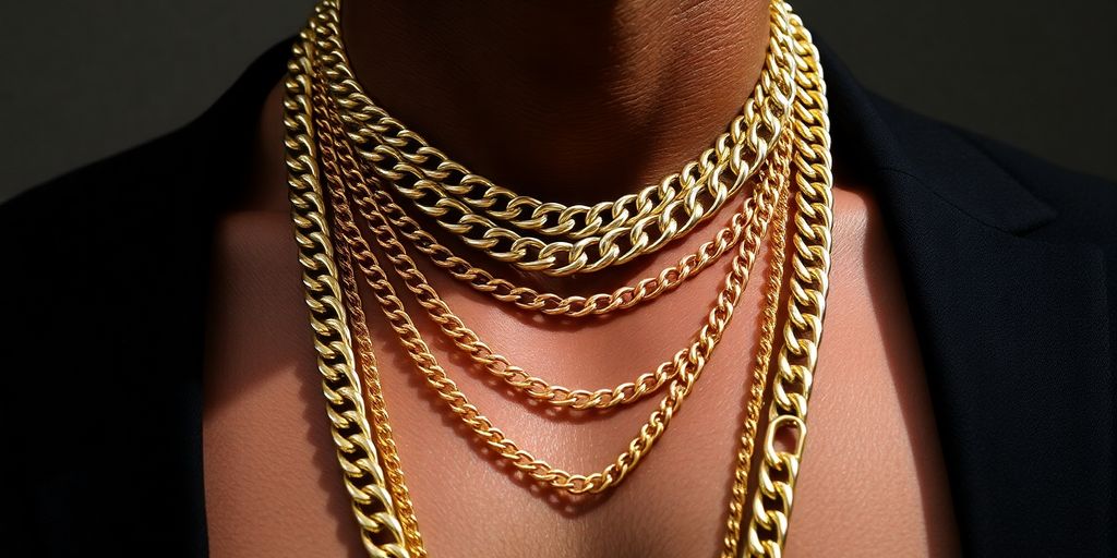Man wearing various stylish chains.