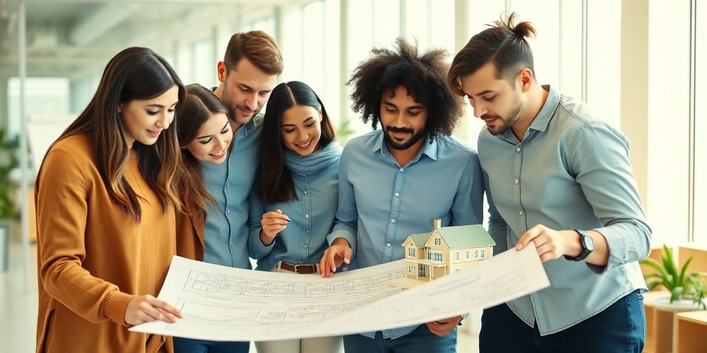 People reviewing property models and blueprints for investment.