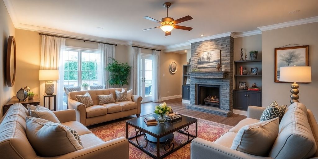 Cozy living room with elegant decor and warm lighting.