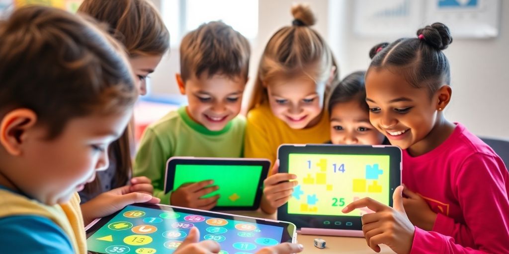 Children joyfully interacting with colorful digital math exercises.
