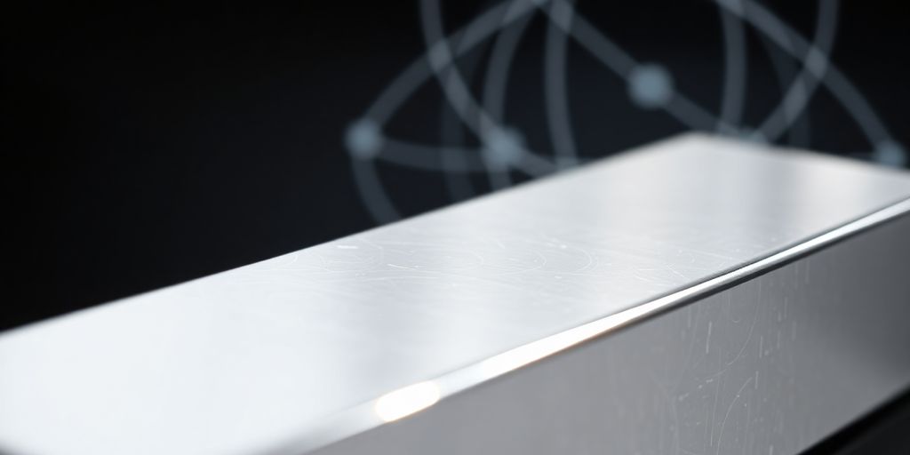 Shining silver bar with atomic structure overlay.