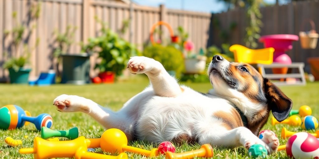 Dog playing dead in a sunny backyard with toys.