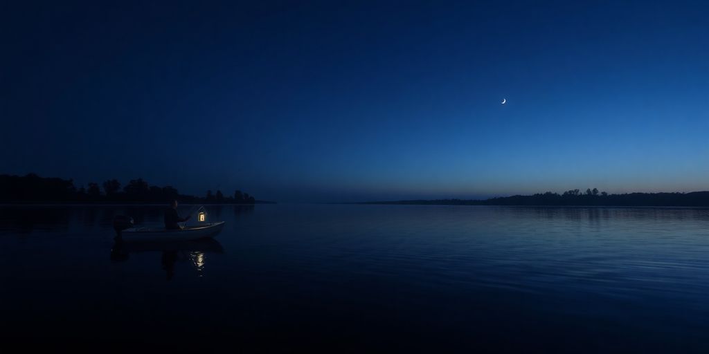 Man fishing in calm dark lake.
