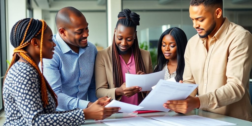 Group discussing finance in a modern office.