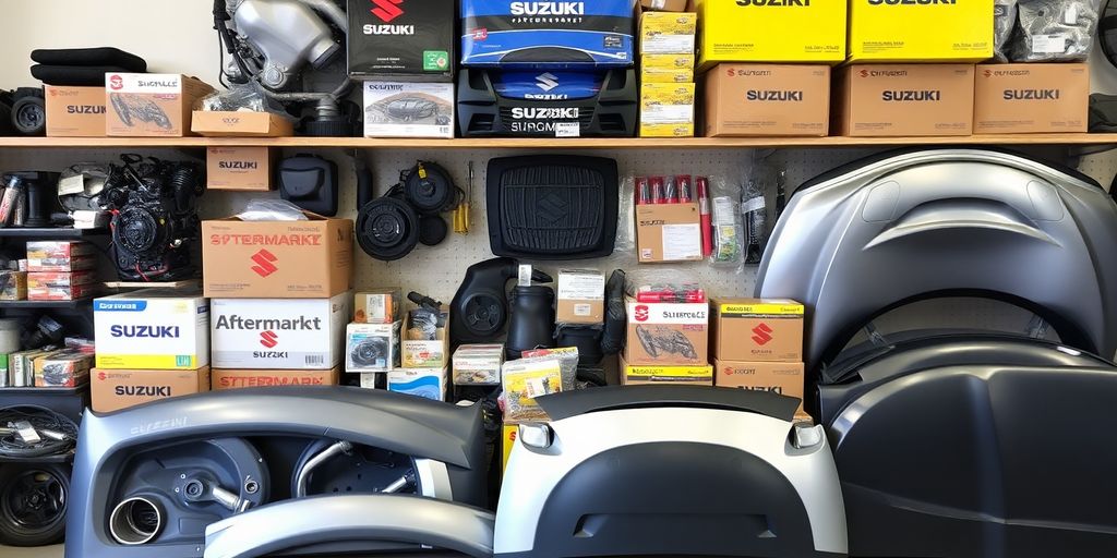 Suzuki car parts laid out neatly.