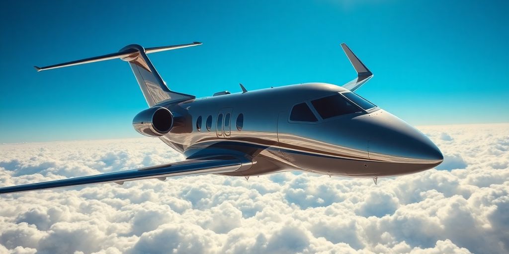 Sleek private jet soaring through clear blue skies.