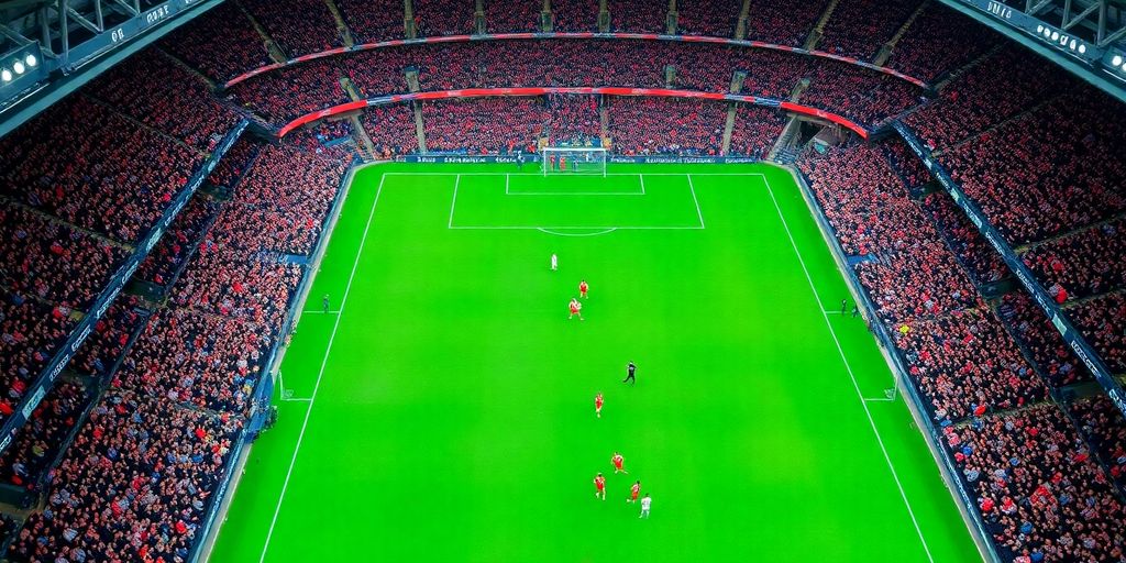 Aerial view of a packed football stadium.