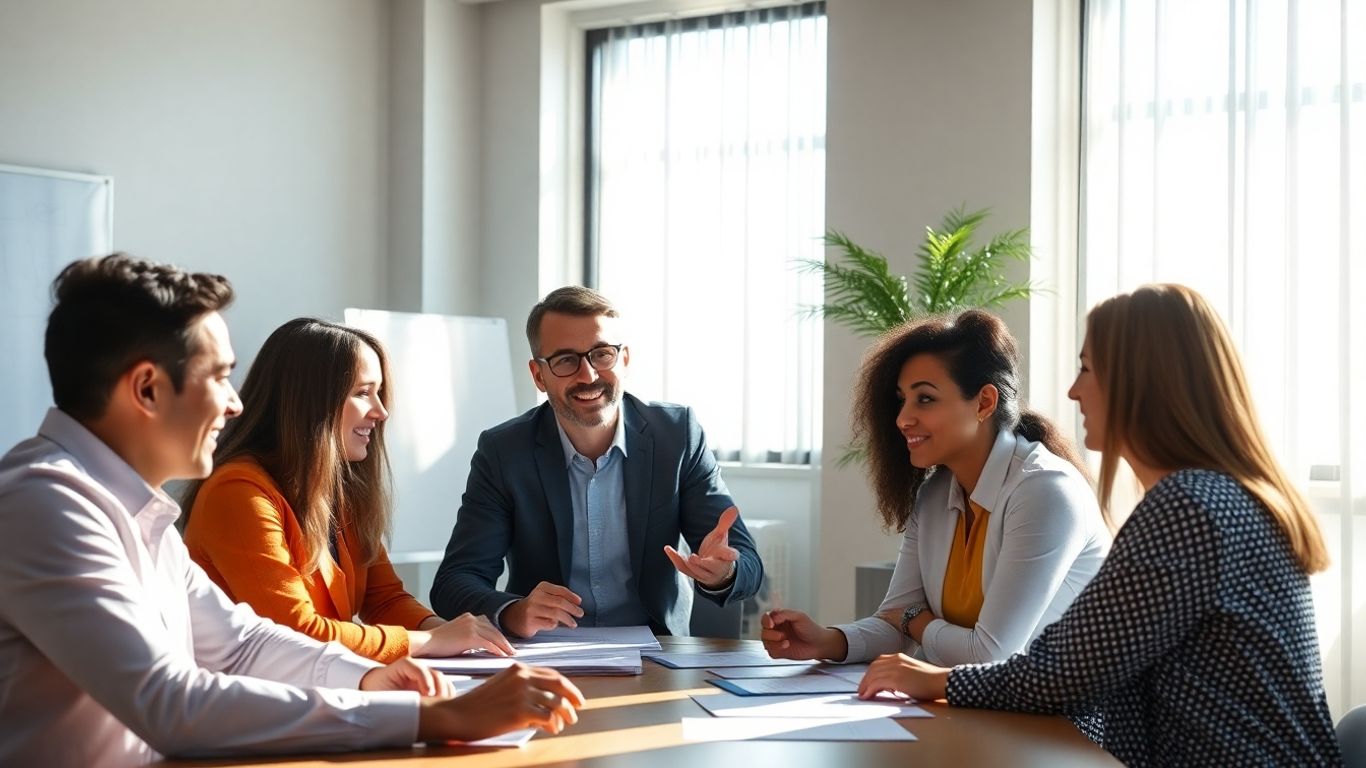 Équipe motivée avec un manager encourageant.