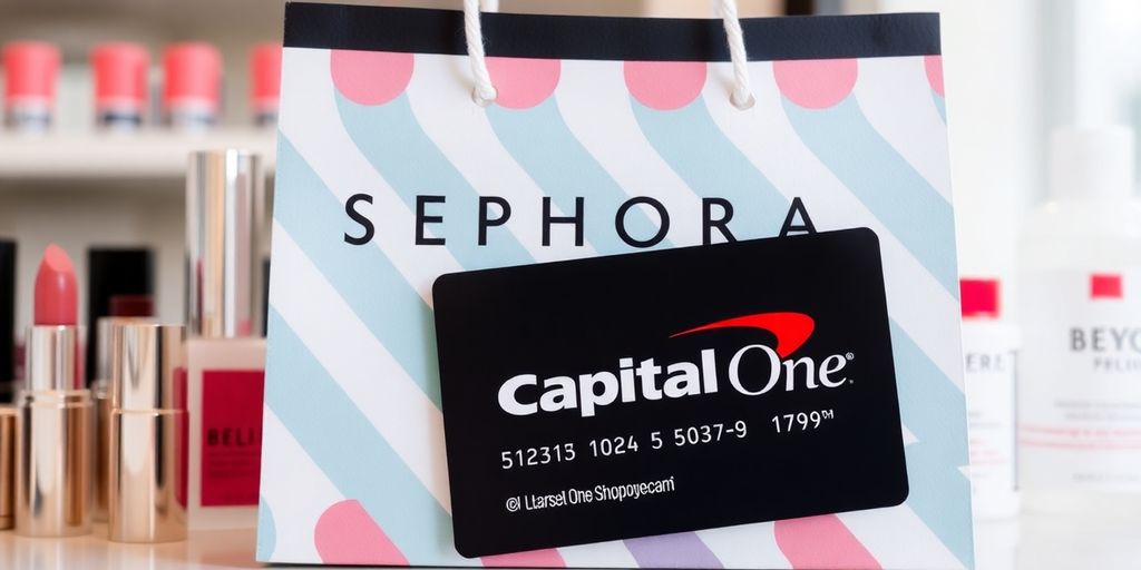 Capital One card with Sephora products in vibrant setting.