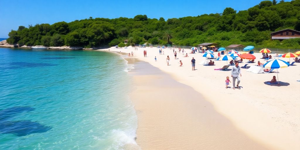 Sandstrand in Kroatien mit Familien und bunten Sonnenschirmen.