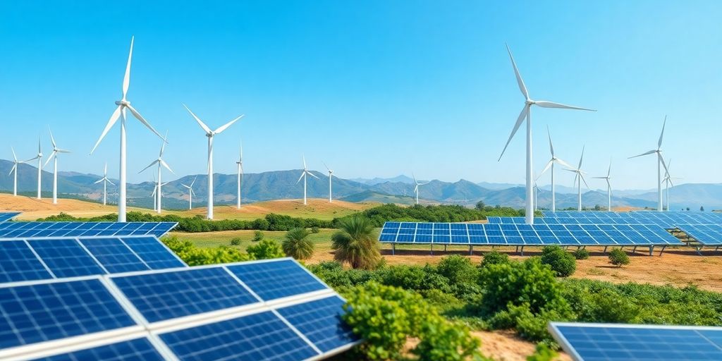 Green energy landscape with blockchain technology elements.