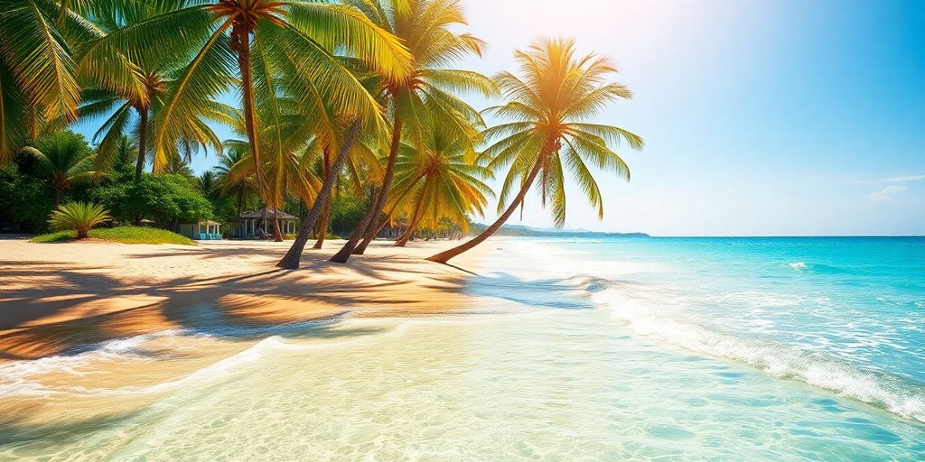 Sunny beach destination with clear blue water.