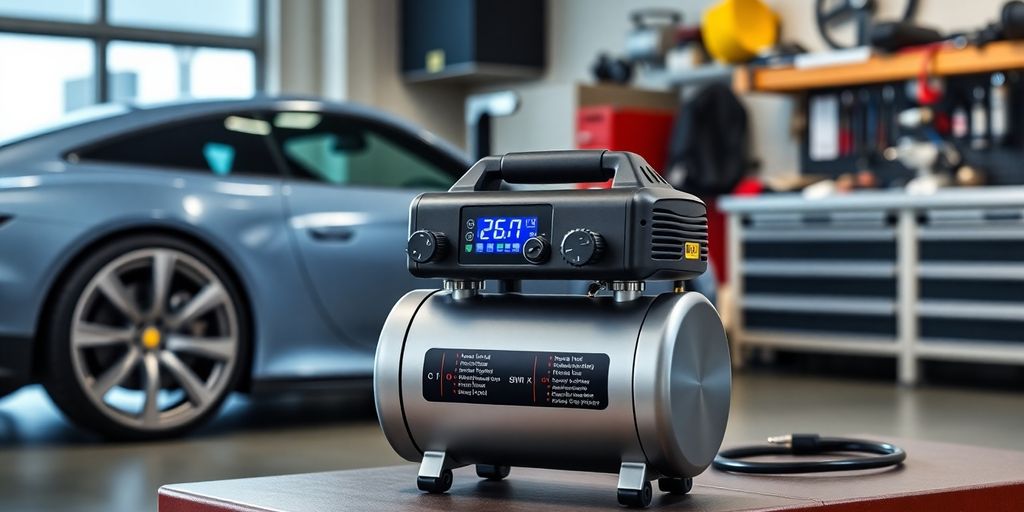 A portable air compressor in a garage setting.