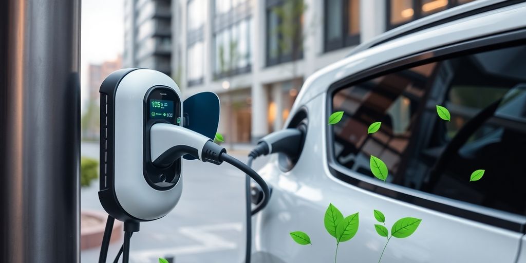 Electric vehicle charging station in a modern urban setting.