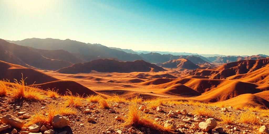 Paysage doré du Nevada avec des collines et des pépites.