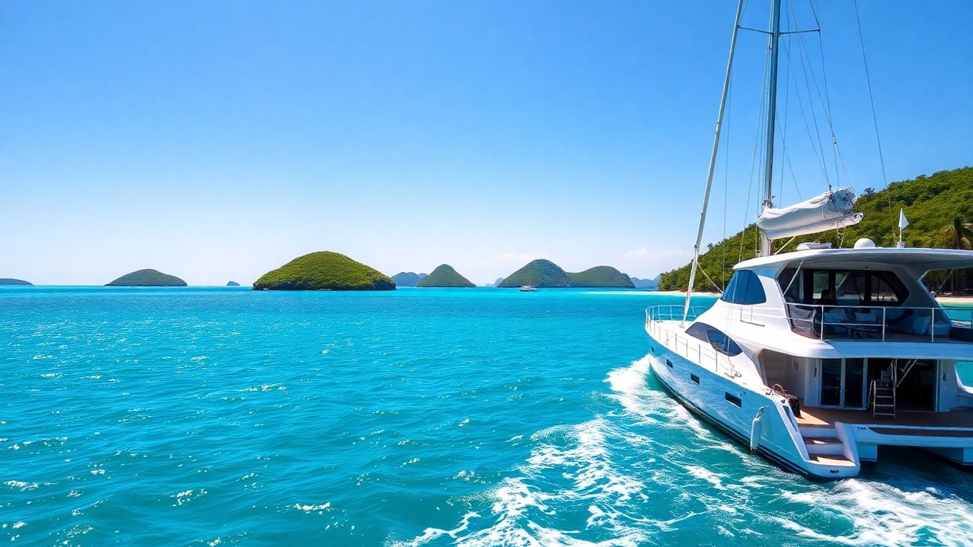 Catamaran sailing on turquoise water near BVI islands.