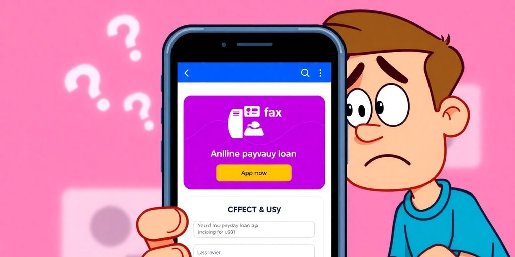 Cartoon hands holding a smartphone showing a loan application.