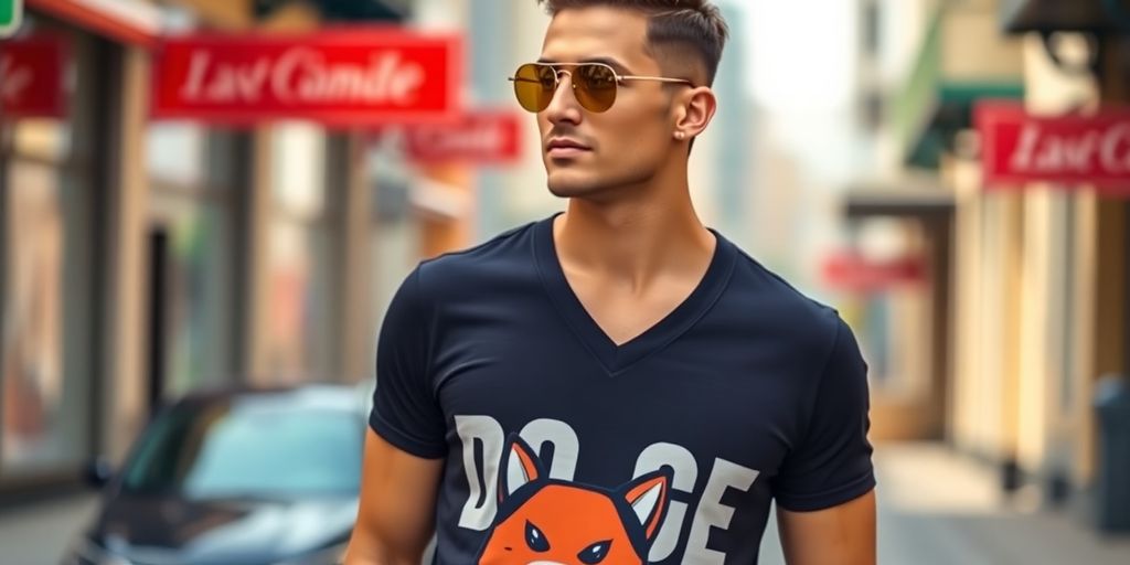 Model in V-neck DOGE shirt against an urban backdrop.