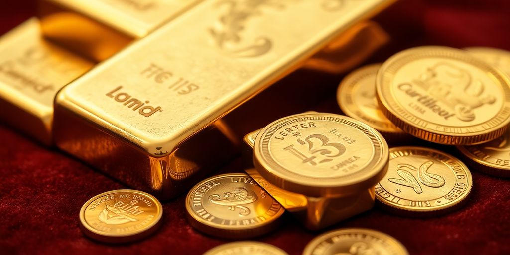 Pièces et barres d'or sur un tissu en velours.
