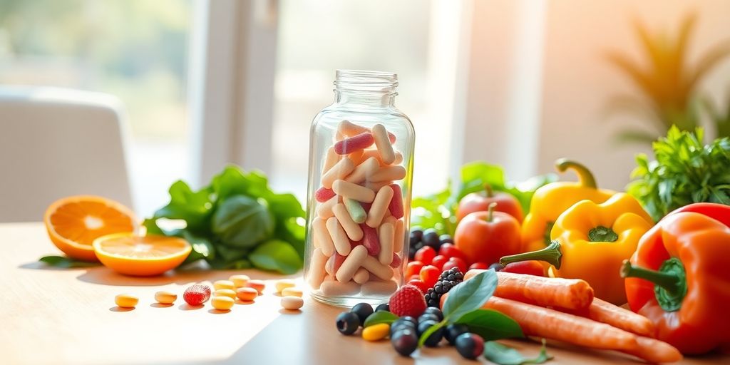 Tablets, fruits, vegetables, vibrant, healthy life on table.