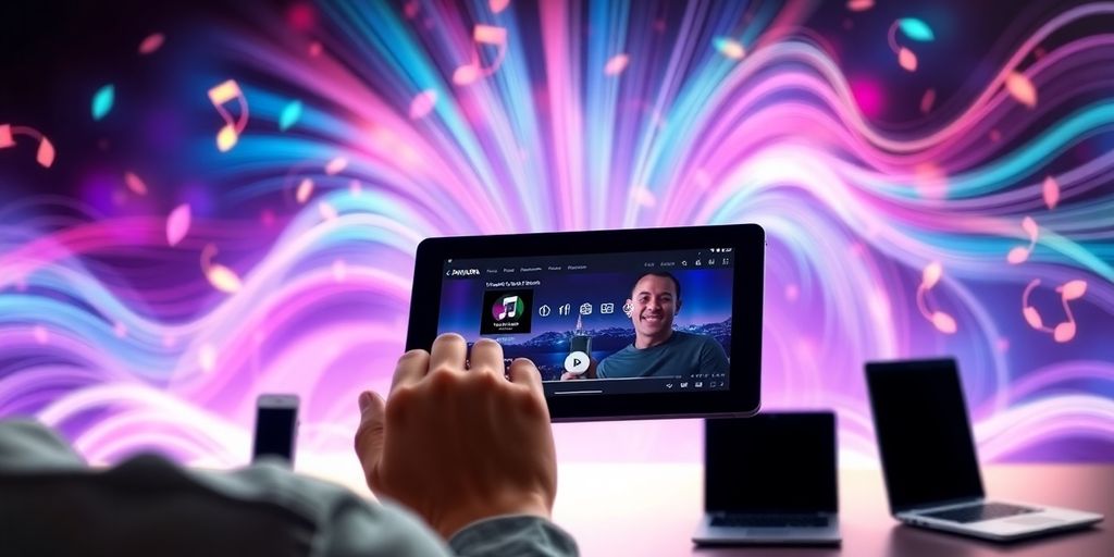 Person listening to music on a tablet device.