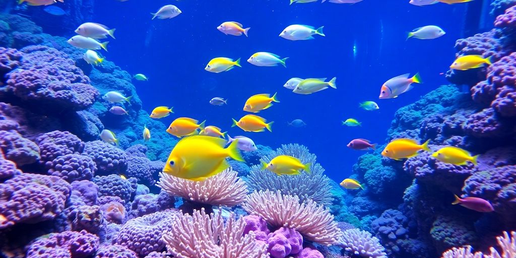 Makukulay na isda sa reef na lumalangoy sa mga makukulay na corals.