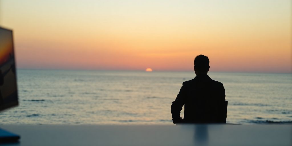 Sunrise over ocean, trading desk silhouette.