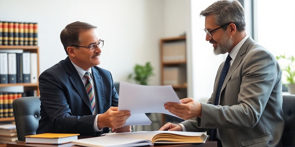 Lawyer and client discussing asbestos case in office.