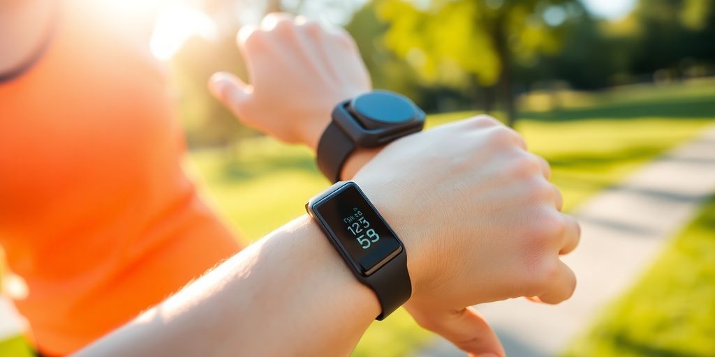 Person checking fitness tracker during outdoor exercise.