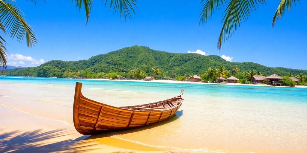 Wooden canoe on sandy shore with huts and palm trees.