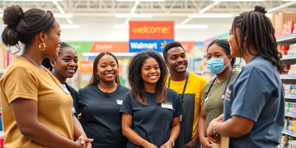 Diverse Walmart employees working together in a store.