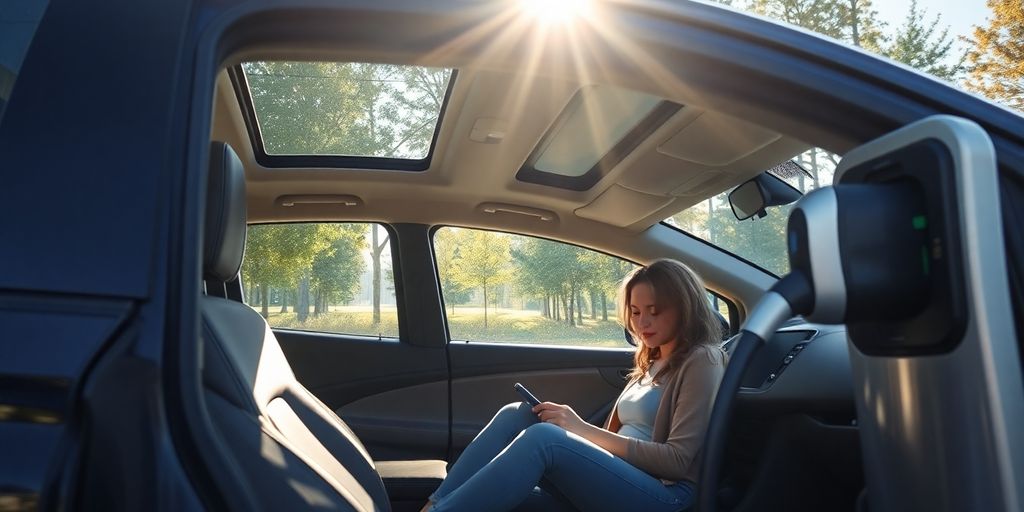 Person sits in electric car during public charging.