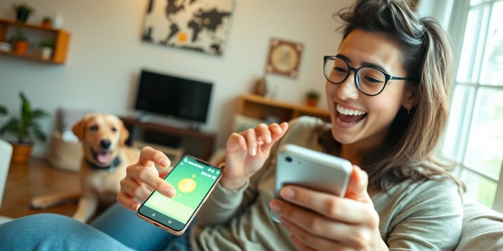 5 Legit Ways to Get Free Dogecoin in 2025! 4 Person using smartphone with a dog in a cozy setting.