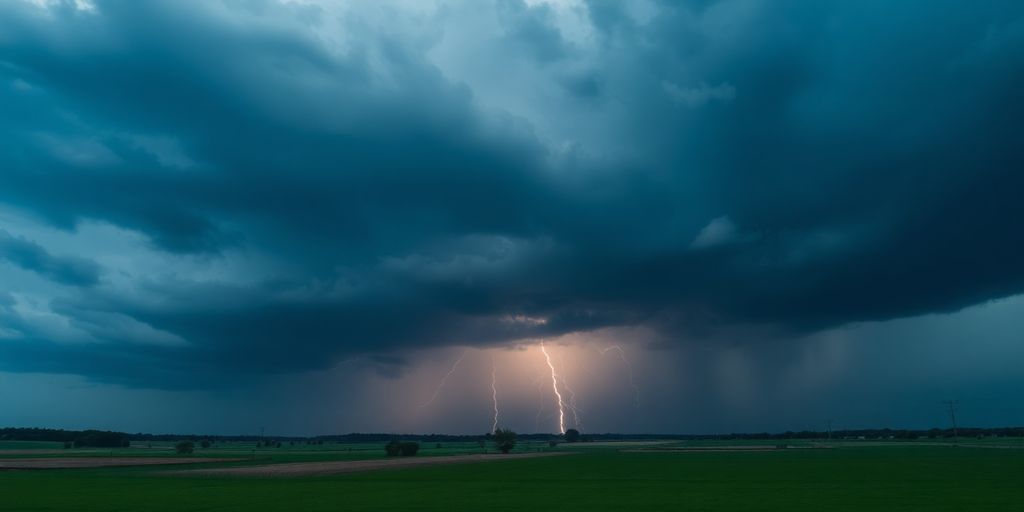 Ciel orageux sur des champs verdoyants, éclairs zébrant le ciel.