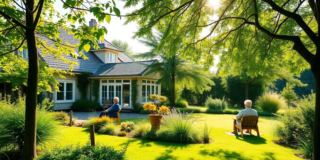 Ruhiger Garten mit Senioren für Altersvorsorge-Thema.